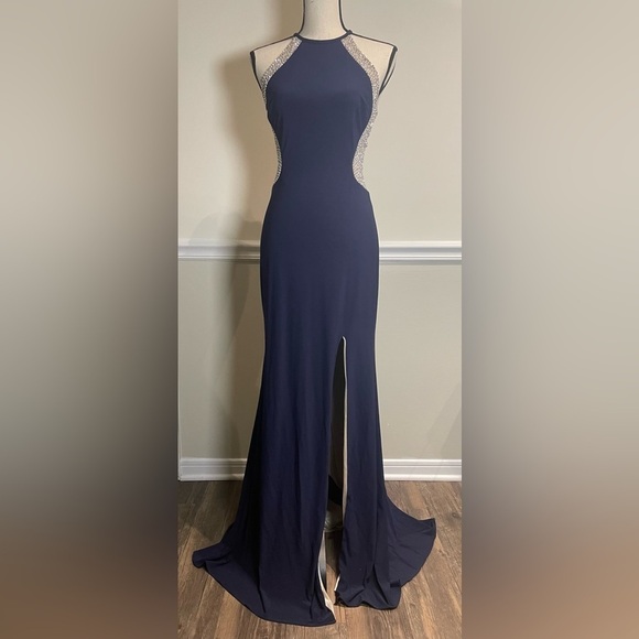 XSCAPE Beaded Illusion Halter Neck Navy Gown size 6 - Picture 9 of 15